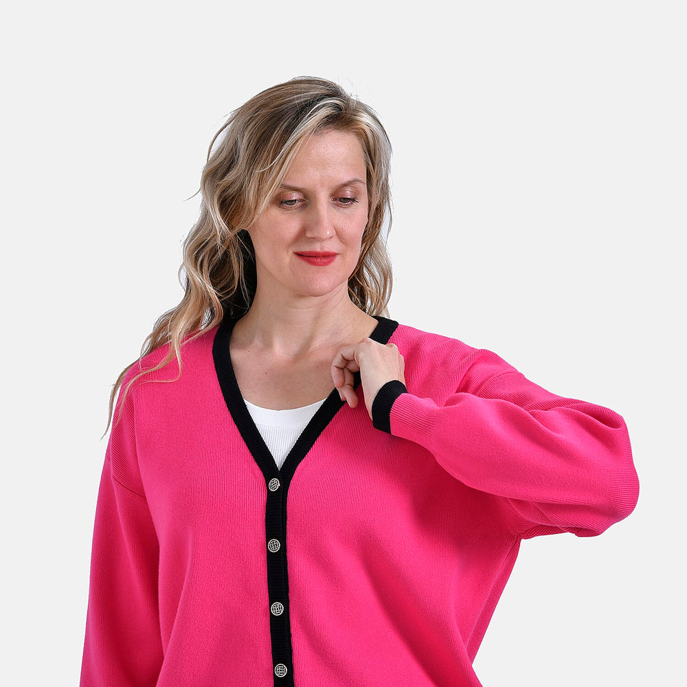 - Maisi Classic V-Neck Button Up Knitted Cardigan (Size S) - Pink - Black