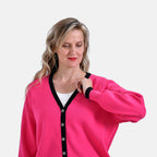 - Maisi Classic V-Neck Button Up Knitted Cardigan (Size S) - Pink - Black
