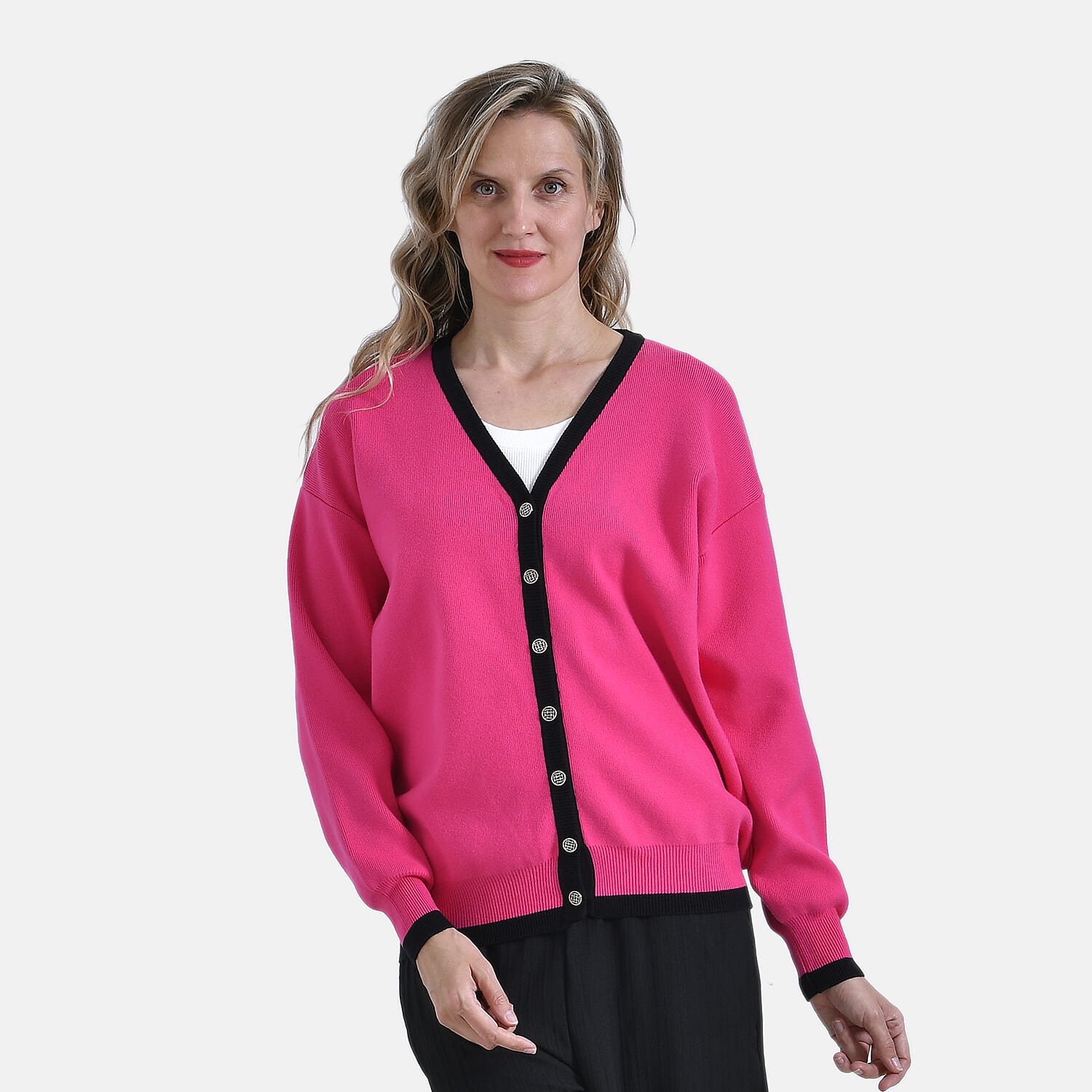 - Maisi Classic V-Neck Button Up Knitted Cardigan (Size XL) - Pink - Black