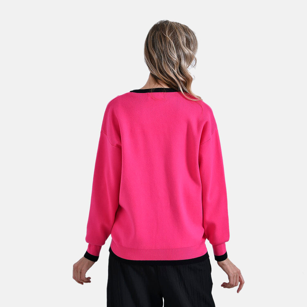 - Maisi Classic V-Neck Button Up Knitted Cardigan (Size XL) - Pink - Black