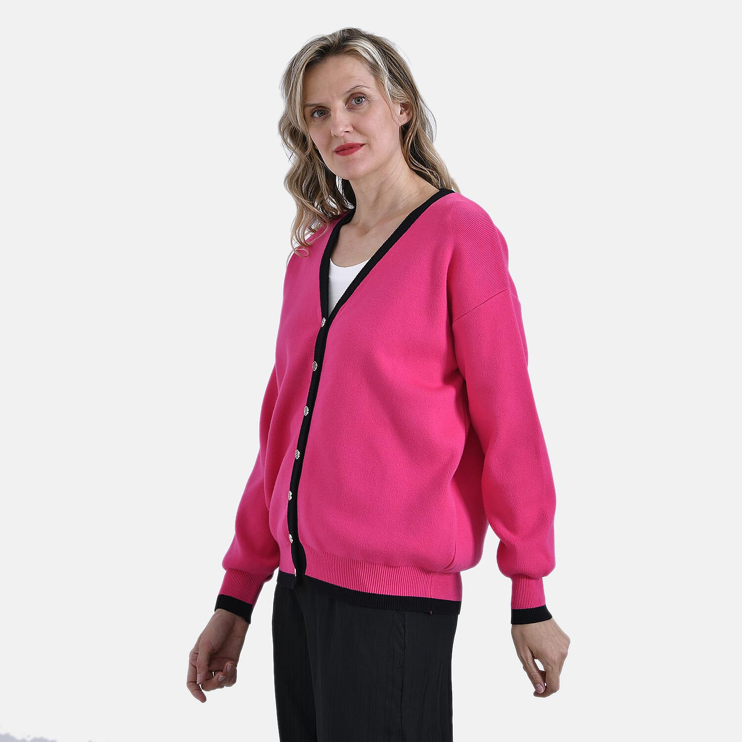 - Maisi Classic V-Neck Button Up Knitted Cardigan (Size XL) - Pink - Black