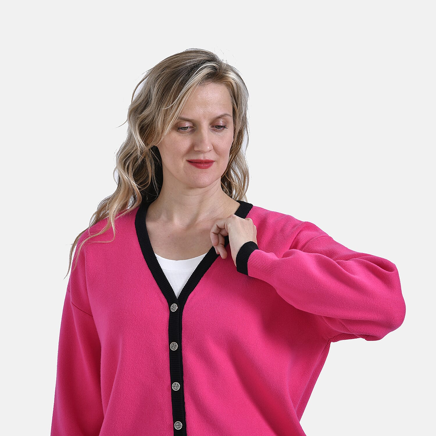 - Maisi Classic V-Neck Button Up Knitted Cardigan (Size XL) - Pink - Black