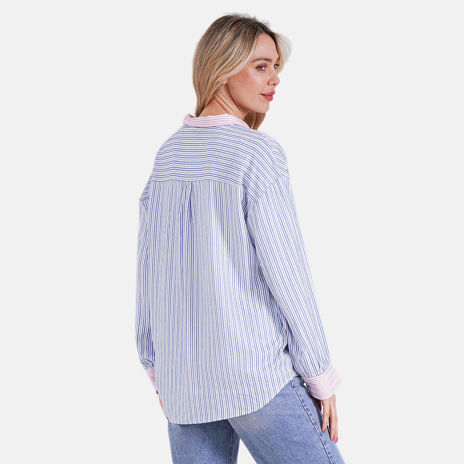 - Maisi Color Block Stripe Casual Shirt ( Size XL) - Blue - Pink