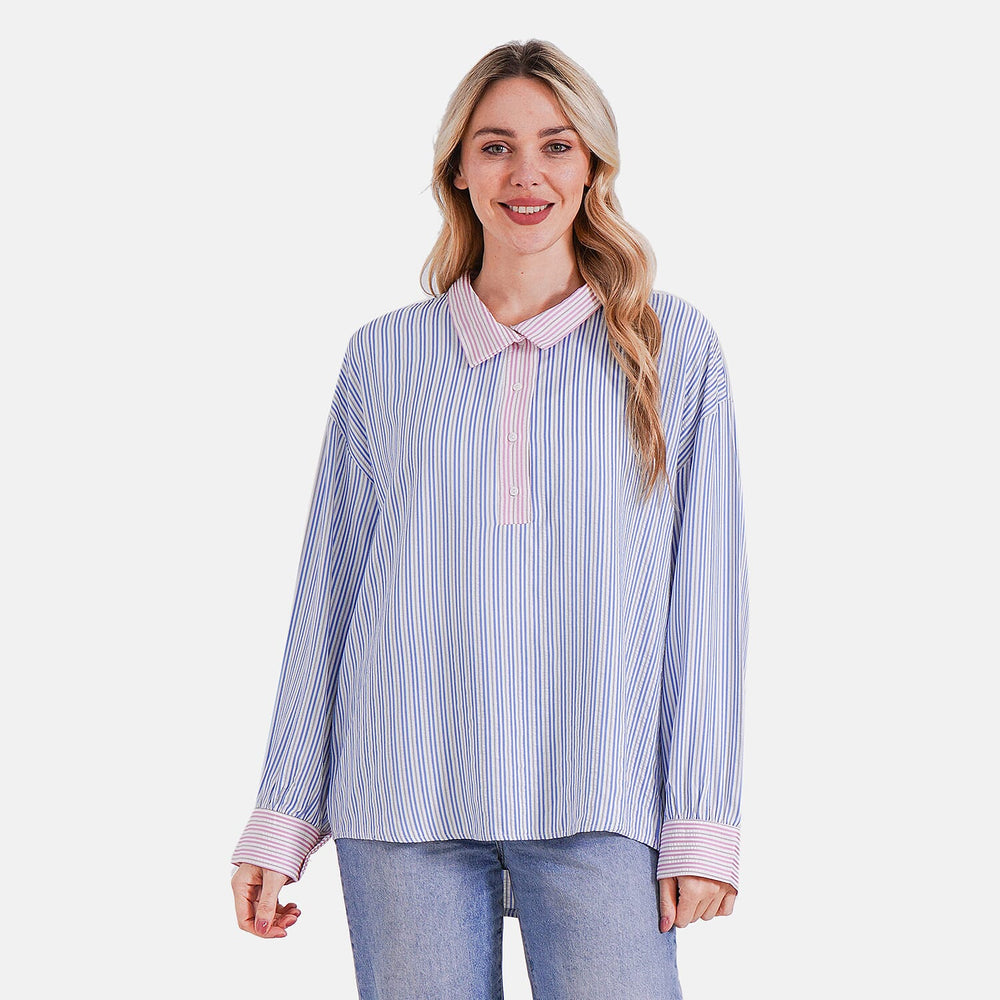 - Maisi Color Block Stripe Casual Two-ToneShirt (Size M) - Blue - Pink