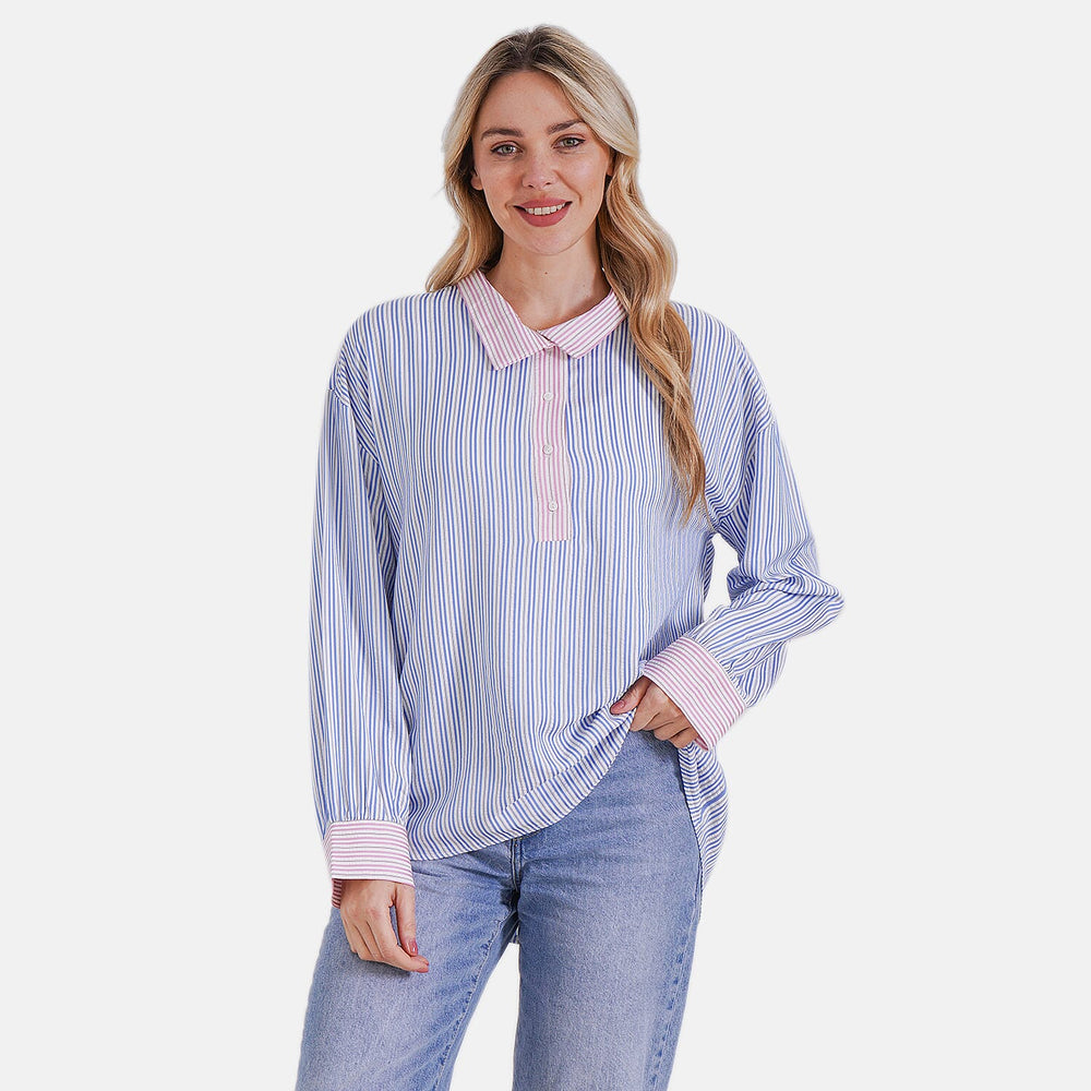 - Maisi Color Block Stripe Casual Two-ToneShirt (Size M) - Blue - Pink