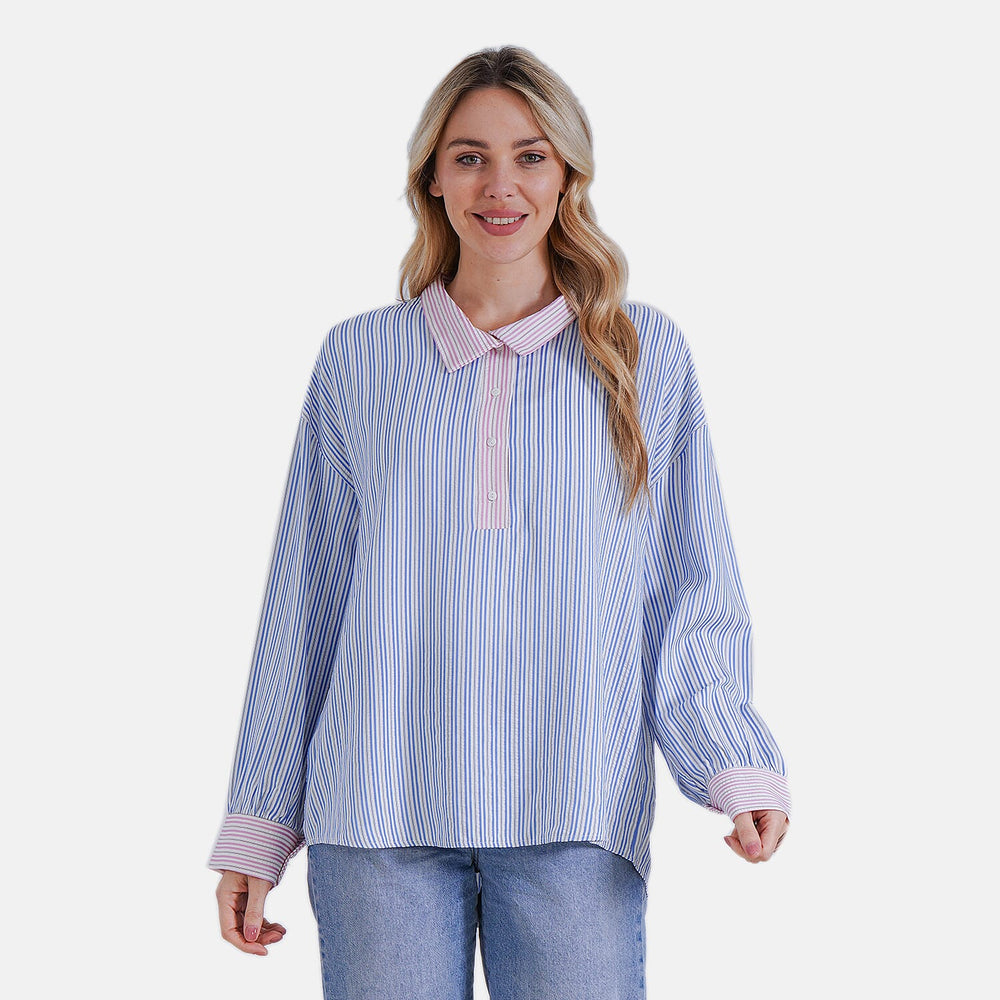 - Maisi Color Block Stripe Casual Two-ToneShirt (Size M) - Blue - Pink
