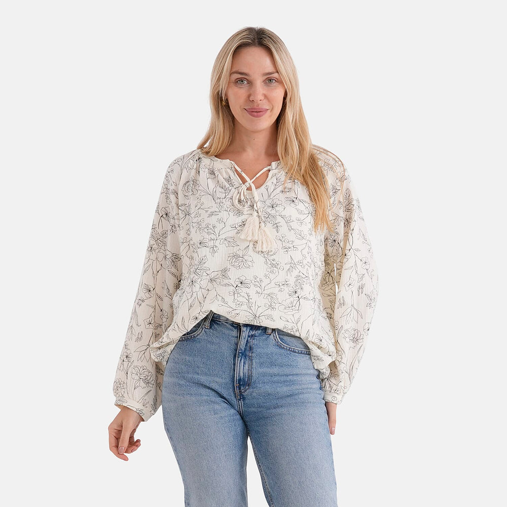 - Maisi Cotton Floral Print Long-Sleeved Blouse with Tie-Front Tassels (Size L) - Cream