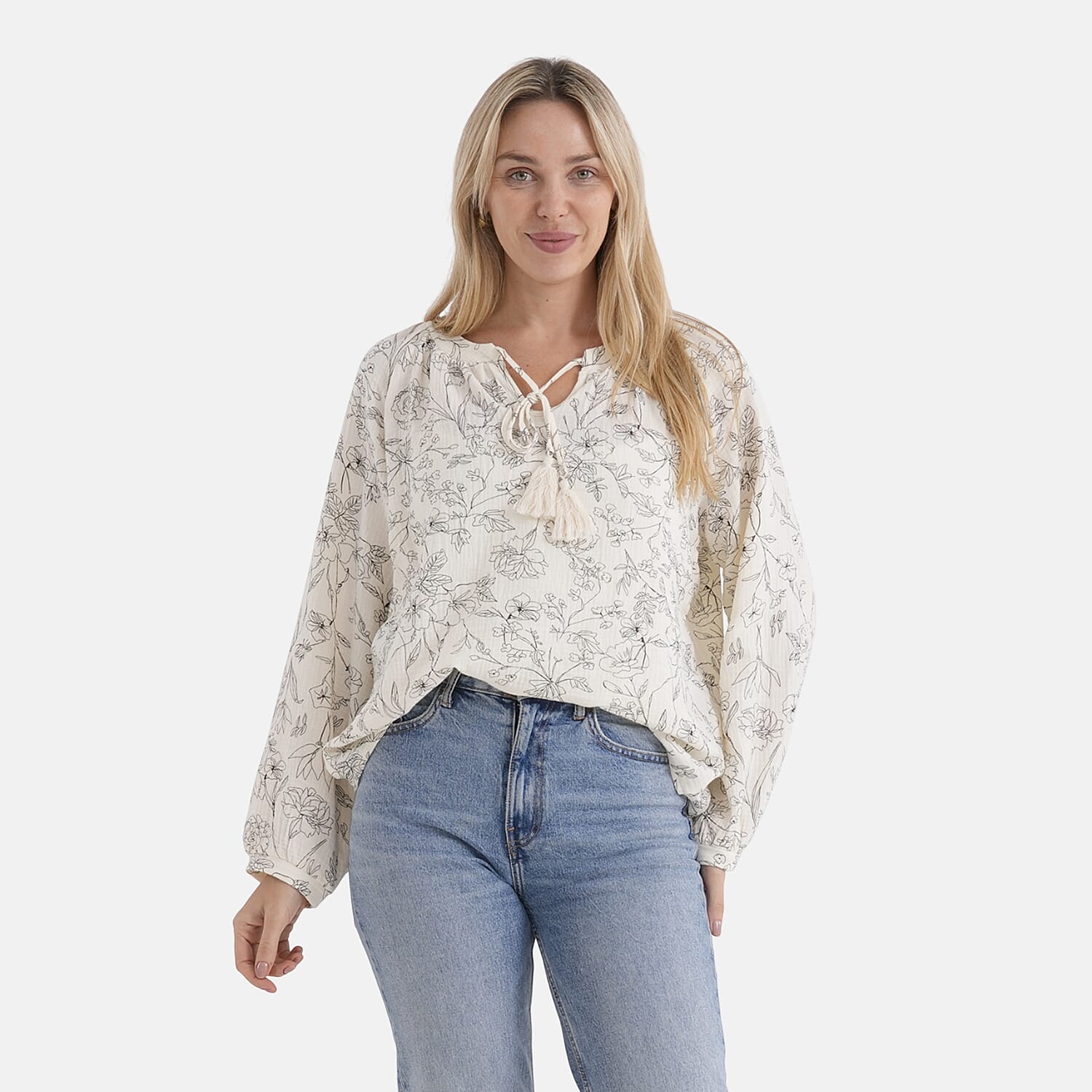- Maisi Cotton Floral Print Long-Sleeved Blouse with Tie-Front Tassels (Size L) - Cream