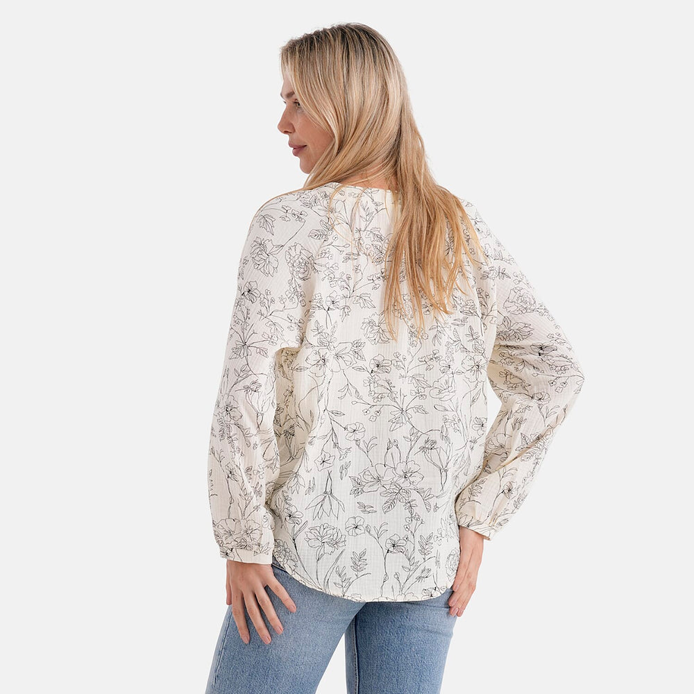 - Maisi Cotton Floral Print Long-Sleeved Blouse with Tie-Front Tassels (Size L) - Cream
