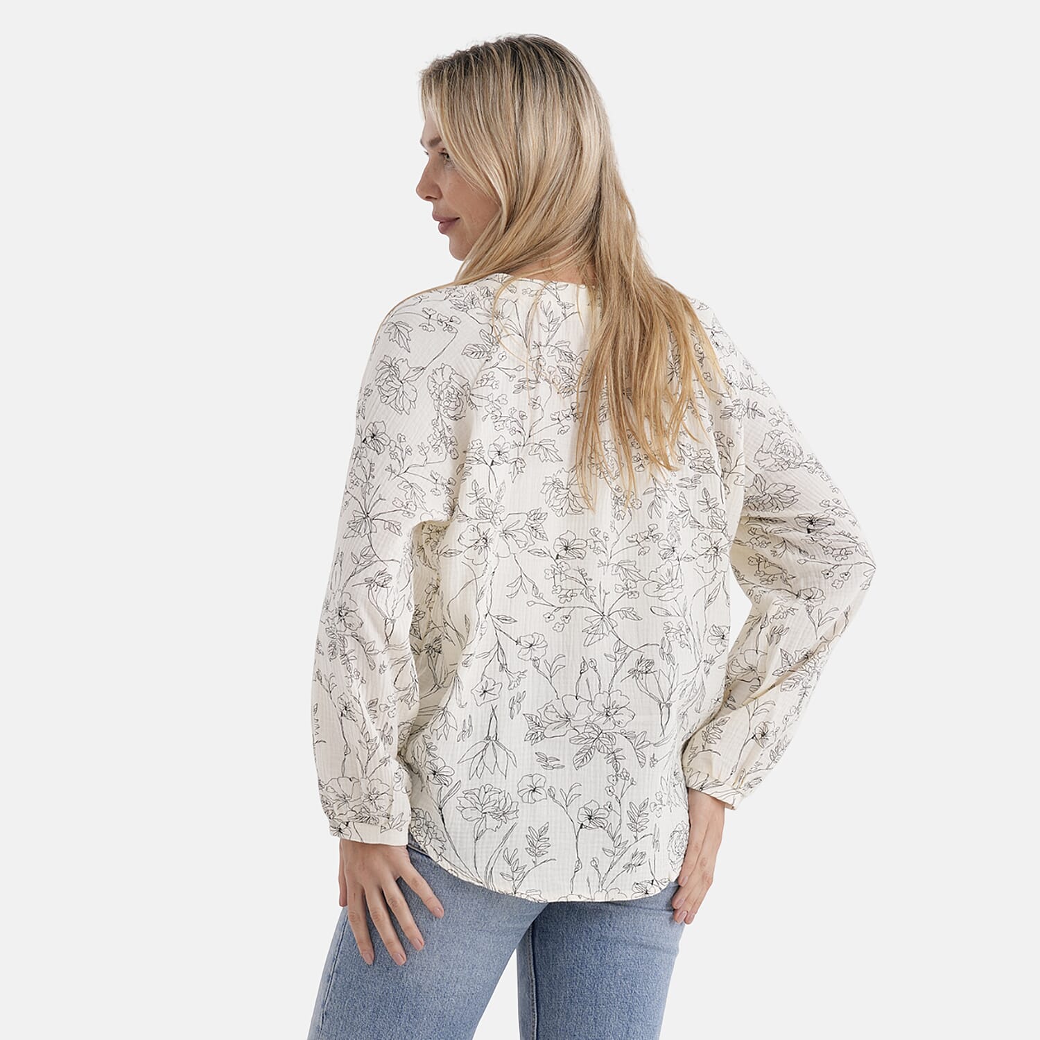 - Maisi Cotton Floral Print Long-Sleeved Blouse with Tie-Front Tassels (Size L) - Cream
