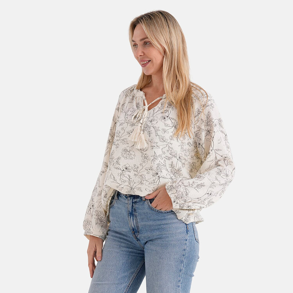 - Maisi Cotton Floral Print Long-Sleeved Blouse with Tie-Front Tassels (Size L) - Cream