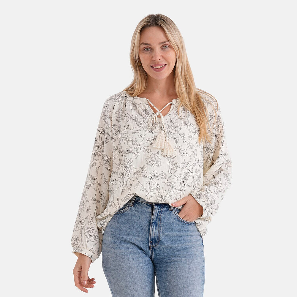 - Maisi Cotton Floral Print Long-Sleeved Blouse with Tie-Front Tassels (Size L) - Cream