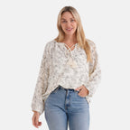 - Maisi Cotton Floral Print Long-Sleeved Blouse with Tie-Front Tassels (Size L) - Cream