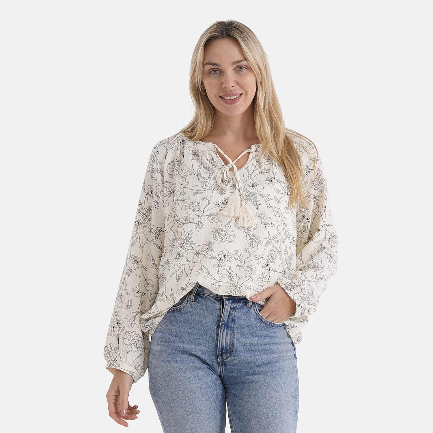 - Maisi Cotton Floral Print Long-Sleeved Blouse with Tie-Front Tassels (Size L) - Cream