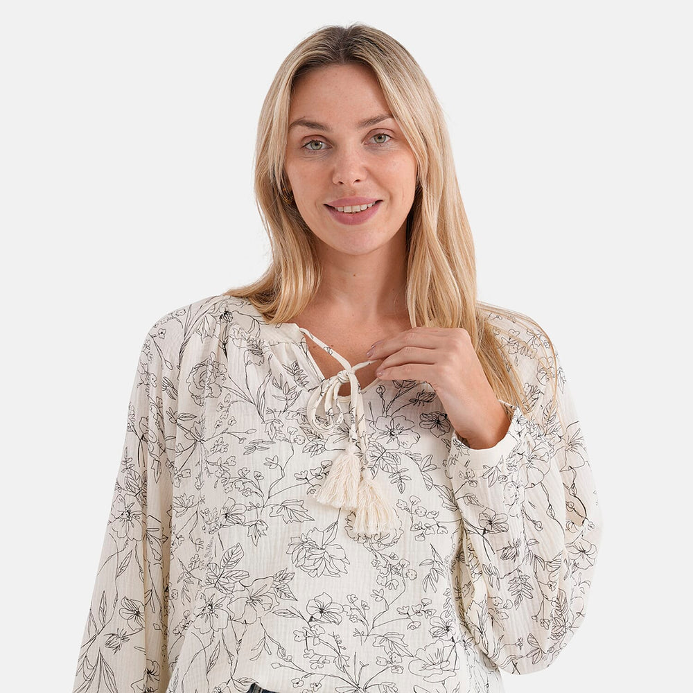 - Maisi Cotton Floral Print Long-Sleeved Blouse with Tie-Front Tassels (Size L) - Cream