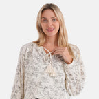 - Maisi Cotton Floral Print Long-Sleeved Blouse with Tie-Front Tassels (Size L) - Cream