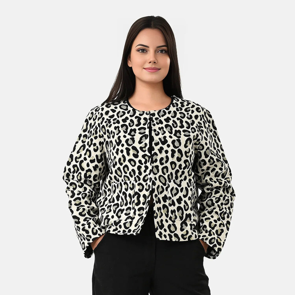 - Maisi Leopard Print Cotton Jacquard Jacket (Size S-M) - Off-White, Black and Gold