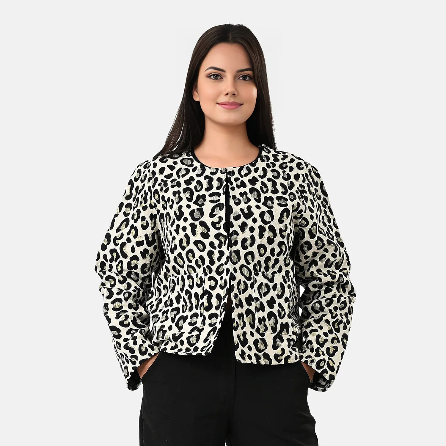 - Maisi Leopard Print Cotton Jacquard Jacket (Size S-M) - Off-White, Black and Gold