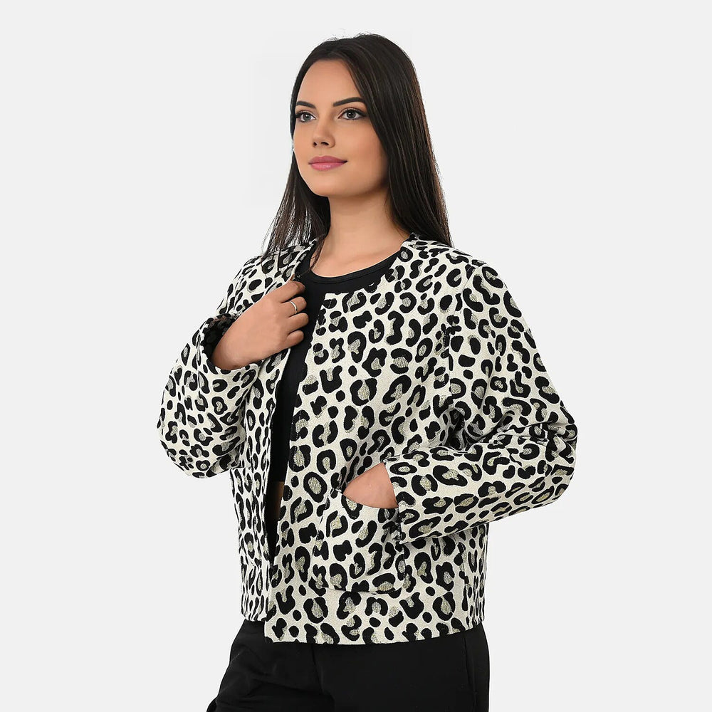 - Maisi Leopard Print Cotton Jacquard Jacket (Size S-M) - Off-White, Black and Gold