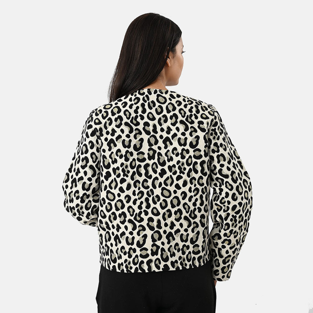 - Maisi Leopard Print Cotton Jacquard Jacket (Size S-M) - Off-White, Black and Gold