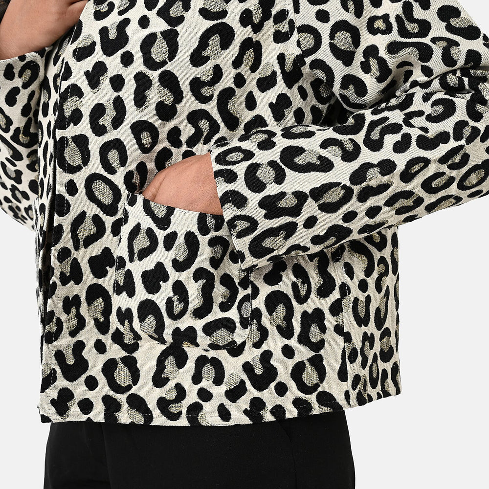 - Maisi Leopard Print Cotton Jacquard Jacket (Size S-M) - Off-White, Black and Gold