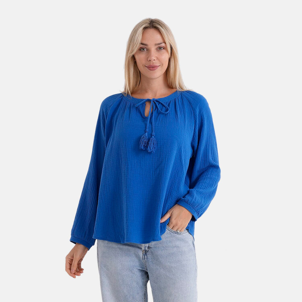 - Maisi 100% Cotton Tie-Neck Top (Size 8 to 10) - Blue