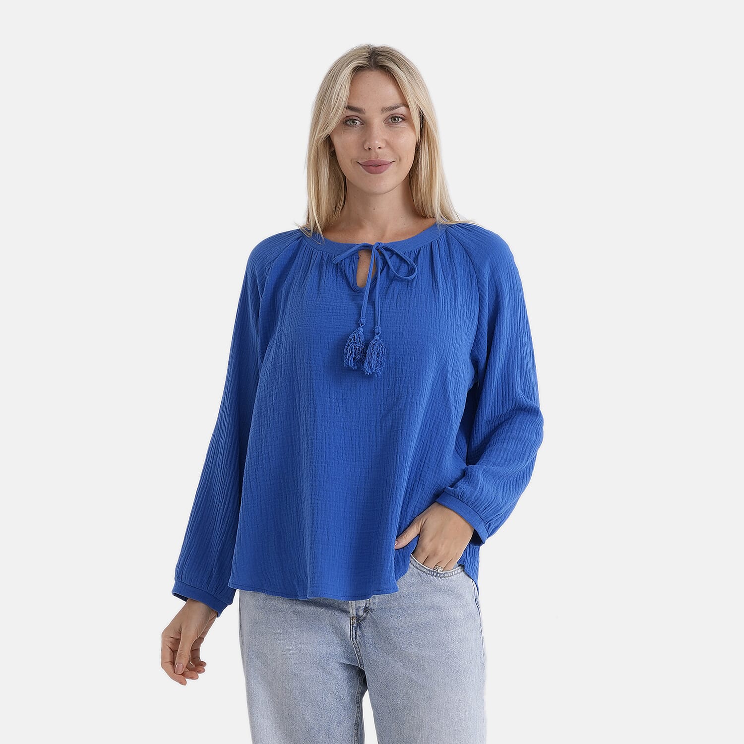 - Maisi 100% Cotton Tie-Neck Top (Size 8 to 10) - Blue