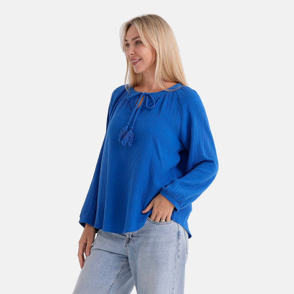 - Maisi 100% Cotton Tie-Neck Top (Size 8 to 10) - Blue