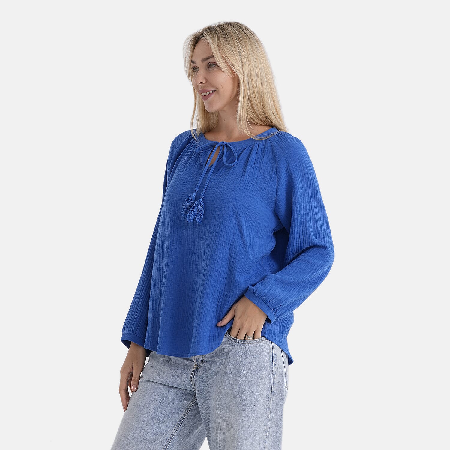 - Maisi 100% Cotton Tie-Neck Top (Size 8 to 10) - Blue