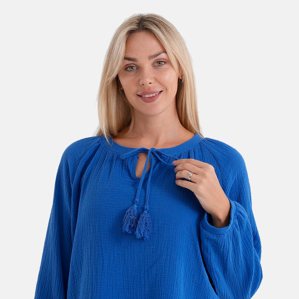 - Maisi 100% Cotton Tie-Neck Top (Size 8 to 10) - Blue