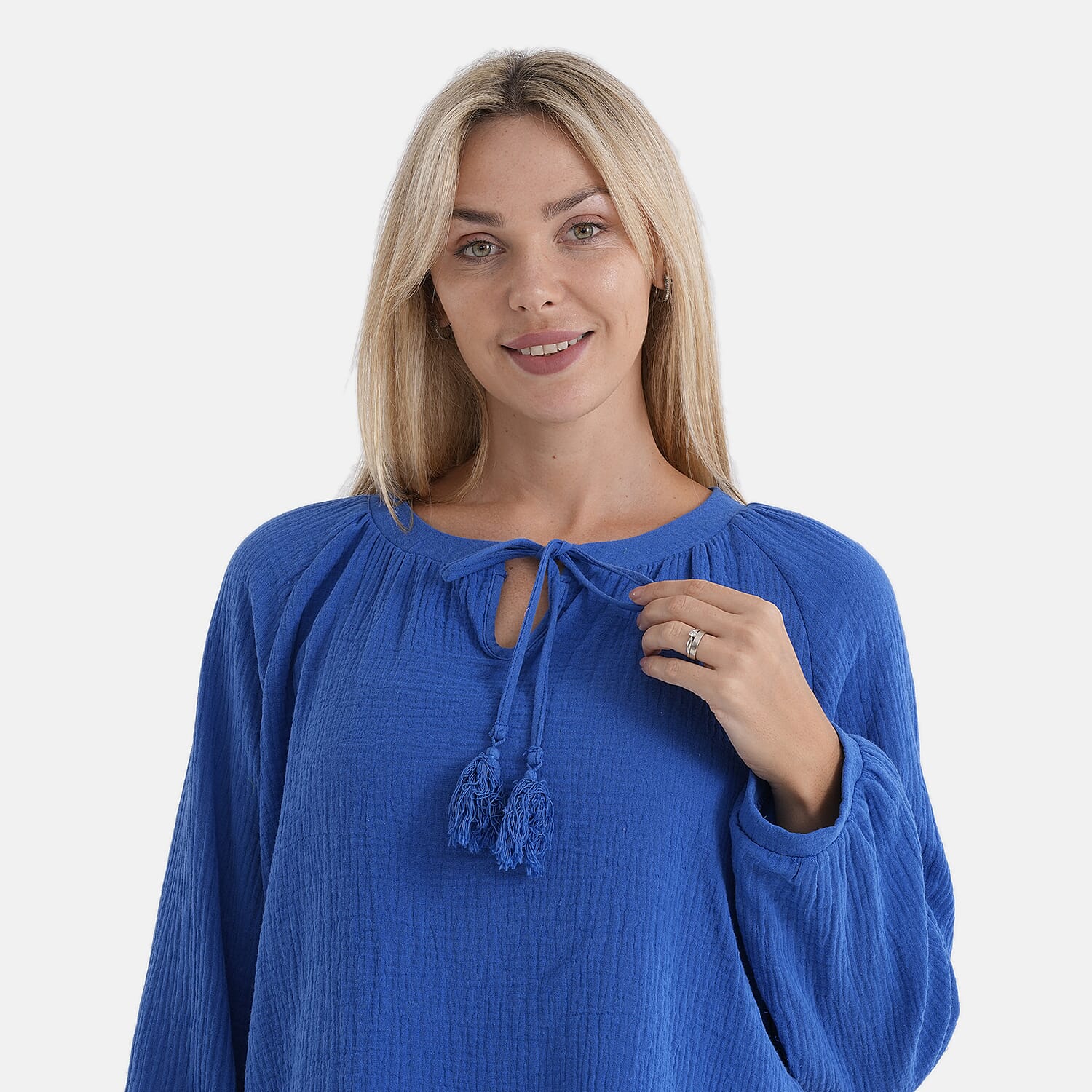 - Maisi 100% Cotton Tie-Neck Top (Size 8 to 10) - Blue
