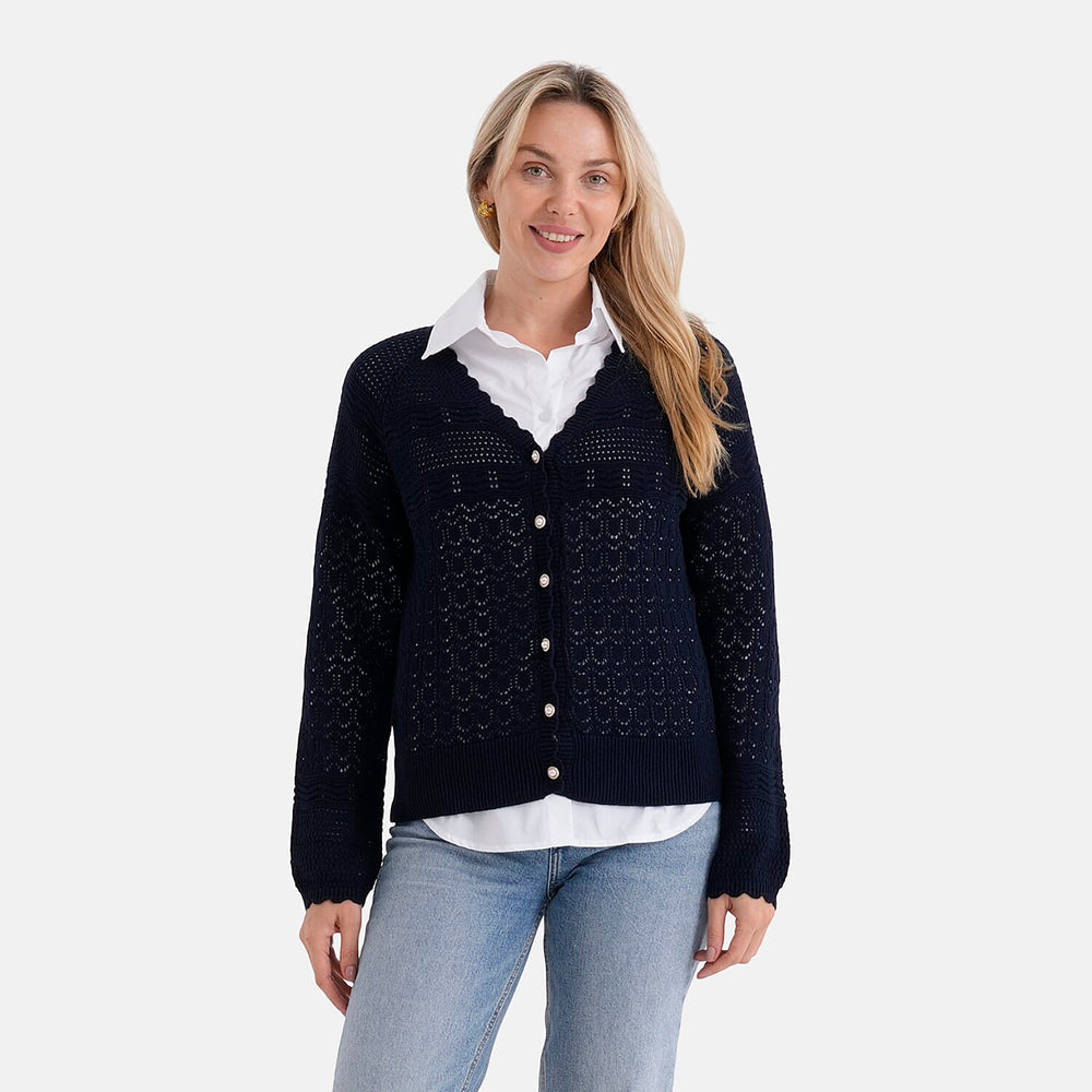 THE SUPER STAR-BUY - - Maisi 100% Cotton Lace V-Neck Button-Down Cardigan (Size S) - Navy