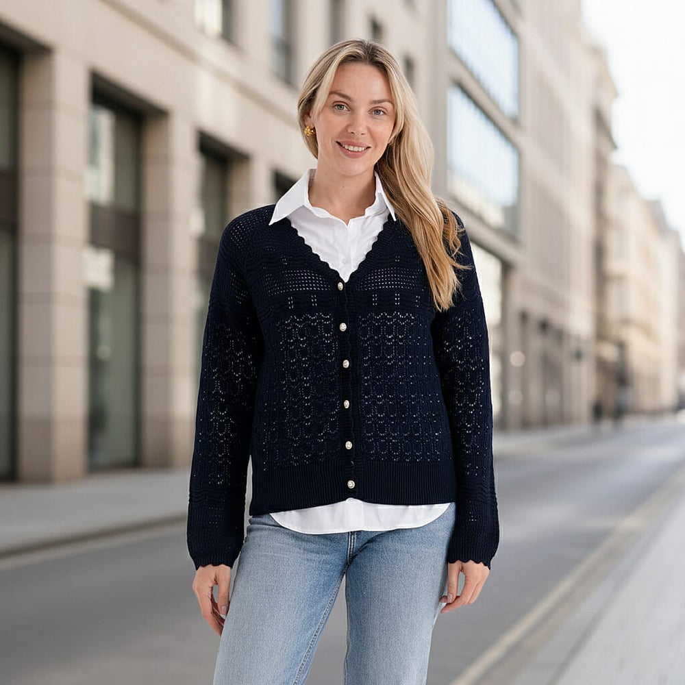 THE SUPER STAR-BUY - - Maisi 100% Cotton Lace V-Neck Button-Down Cardigan (Size S) - Navy