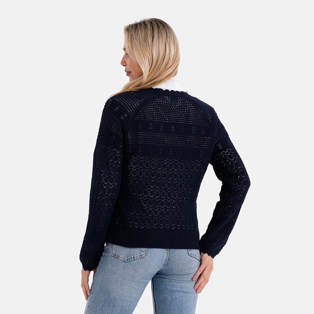 THE SUPER STAR-BUY - - Maisi 100% Cotton Lace V-Neck Button-Down Cardigan (Size S) - Navy