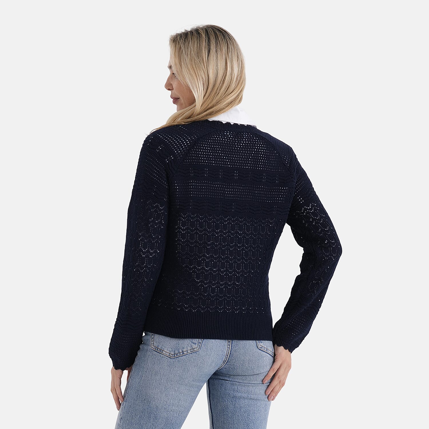 THE SUPER STAR-BUY - - Maisi 100% Cotton Lace V-Neck Button-Down Cardigan (Size S) - Navy