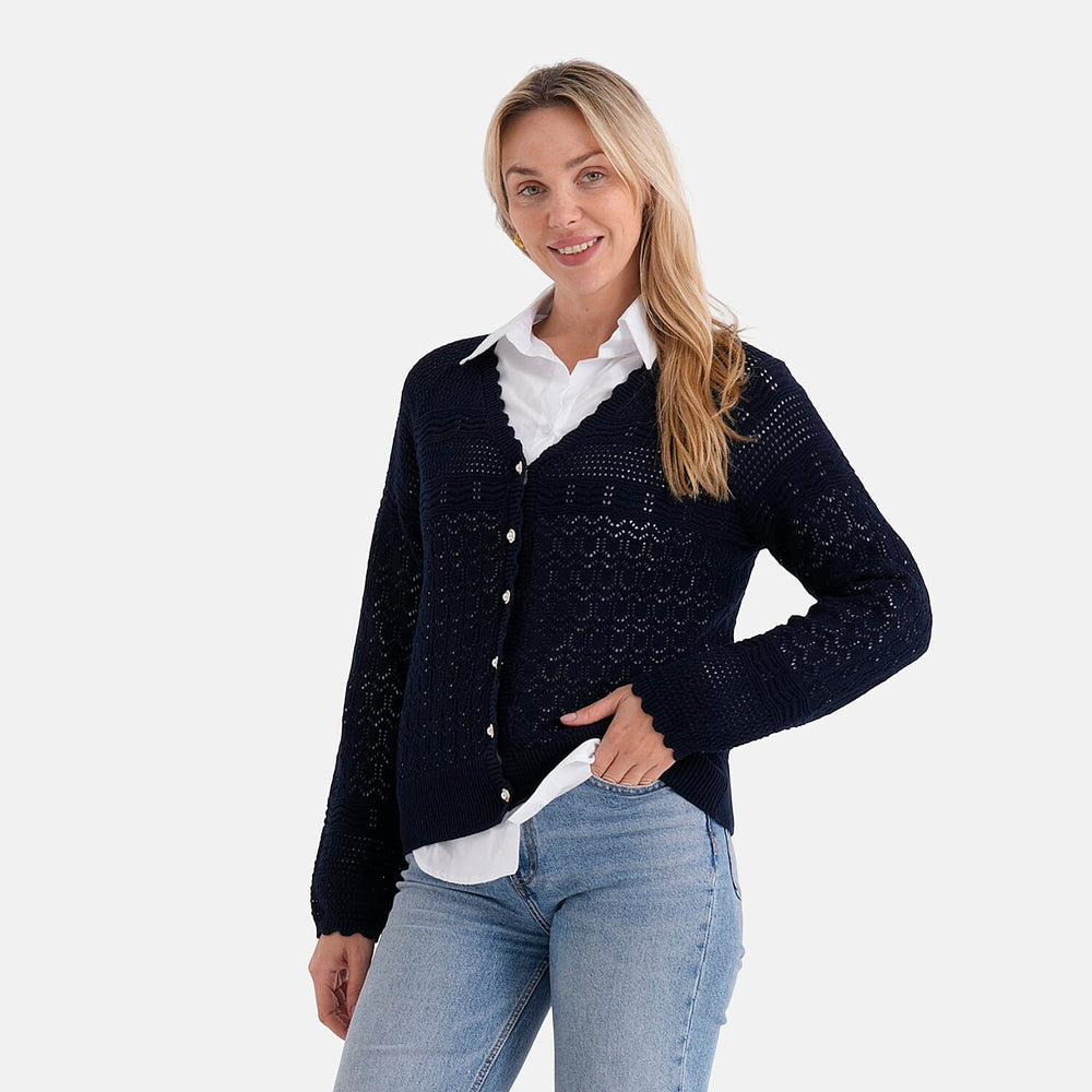 THE SUPER STAR-BUY - - Maisi 100% Cotton Lace V-Neck Button-Down Cardigan (Size S) - Navy