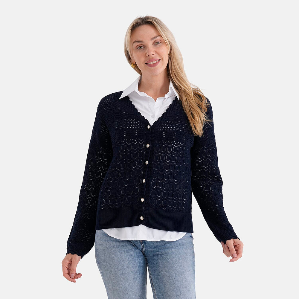THE SUPER STAR-BUY - - Maisi 100% Cotton Lace V-Neck Button-Down Cardigan (Size S) - Navy