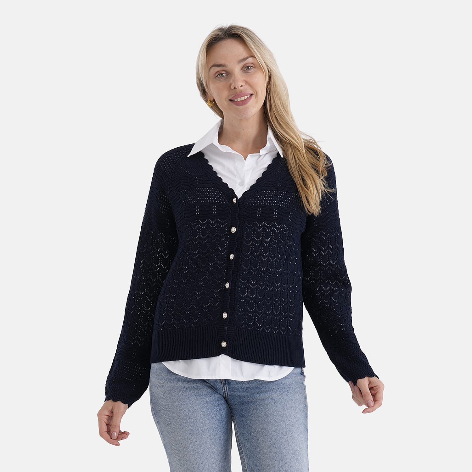 THE SUPER STAR-BUY - - Maisi 100% Cotton Lace V-Neck Button-Down Cardigan (Size S) - Navy