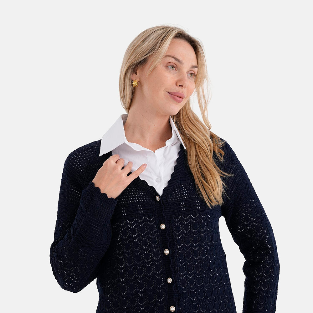 THE SUPER STAR-BUY - - Maisi 100% Cotton Lace V-Neck Button-Down Cardigan (Size S) - Navy