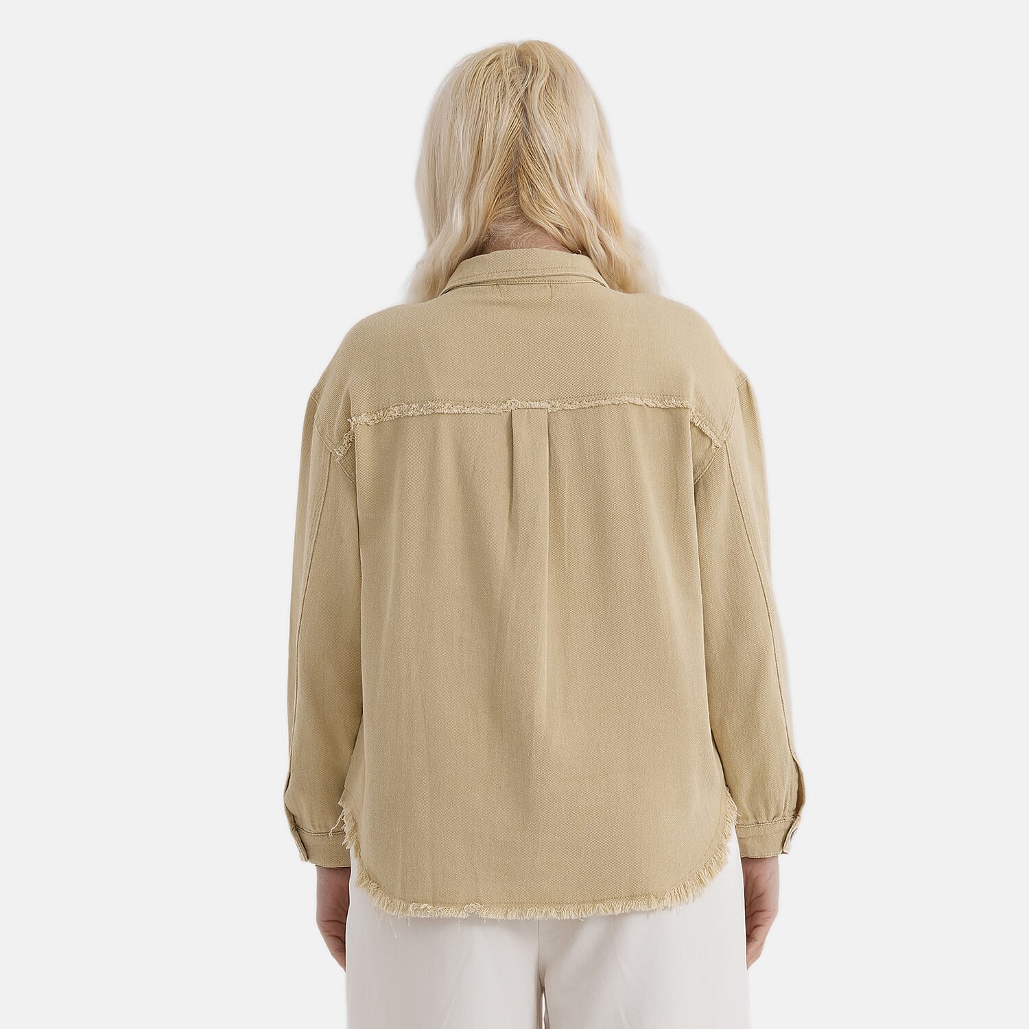 - Maisi 100% Cotton Classic Denim Shirt Jacket With Frayed Edge Detail (Size 12) - Khaki