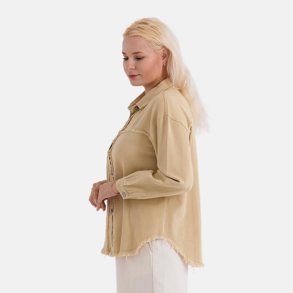 - Maisi 100% Cotton Classic Denim Shirt Jacket With Frayed Edge Detail (Size 12) - Khaki