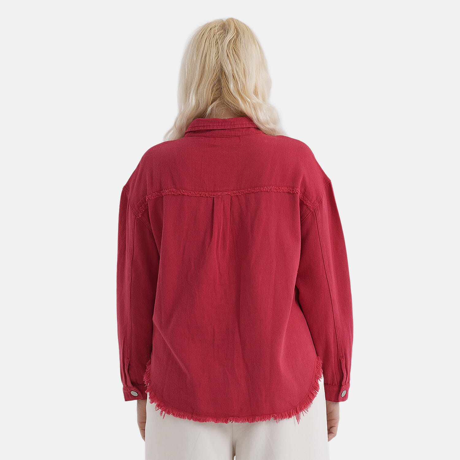 - Maisi 100% Cotton Classic Denim Shirt Jacket With Frayed Edge Detail (Size 12) - Red