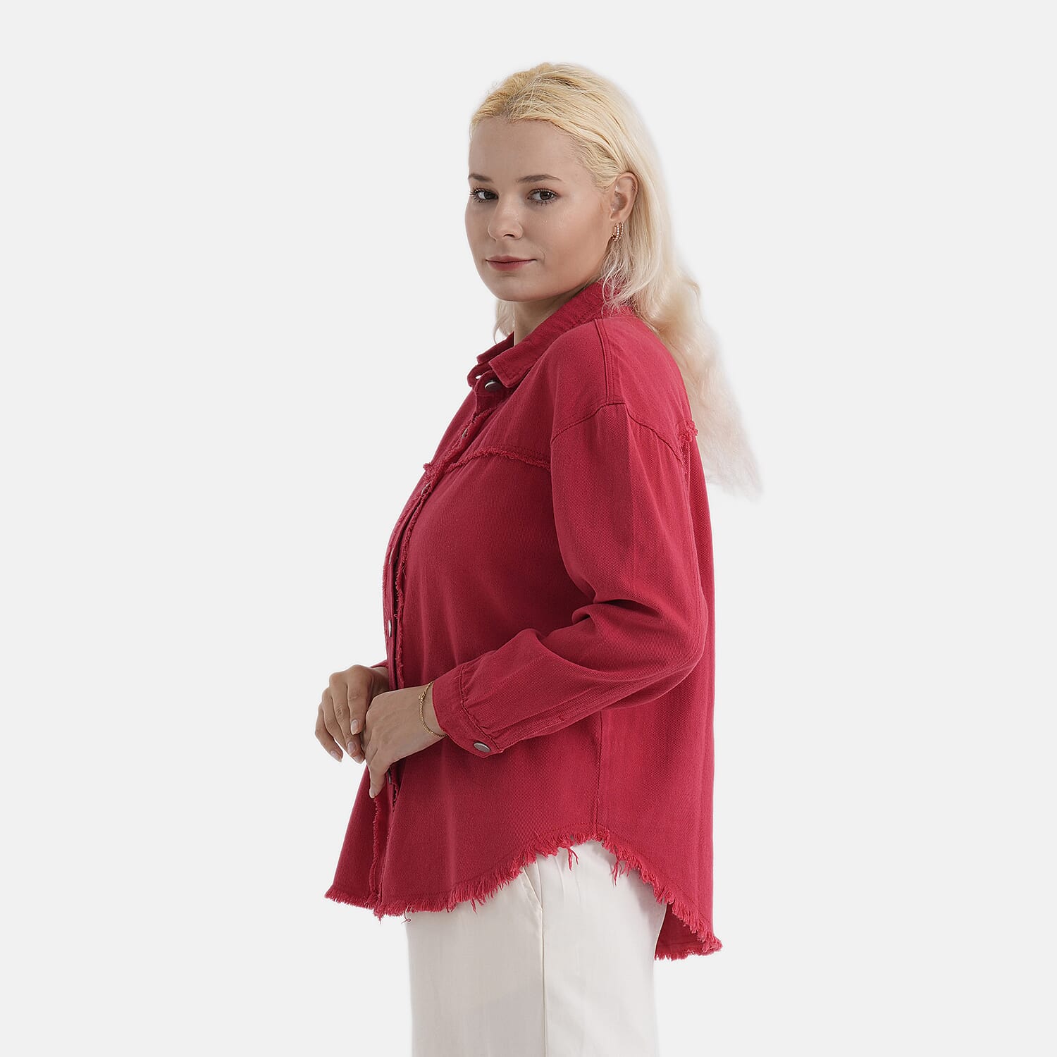 - Maisi 100% Cotton Classic Denim Shirt Jacket With Frayed Edge Detail (Size 12) - Red