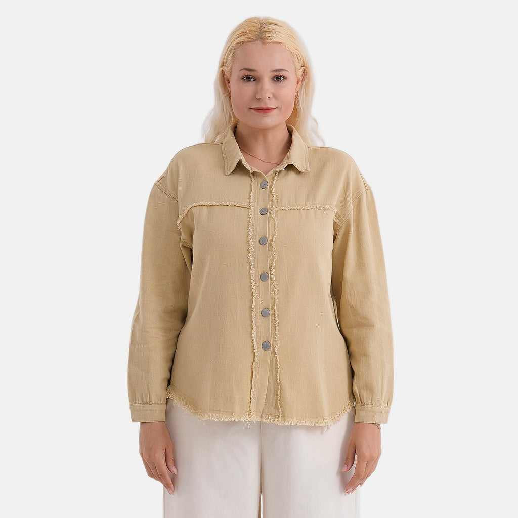 - Maisi 100% Cotton Classic Denim Shirt Jacket With Frayed Edge Detail (Size 14) - Khaki