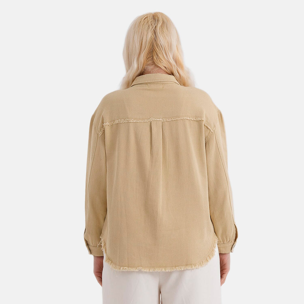 - Maisi 100% Cotton Classic Denim Shirt Jacket With Frayed Edge Detail (Size 14) - Khaki