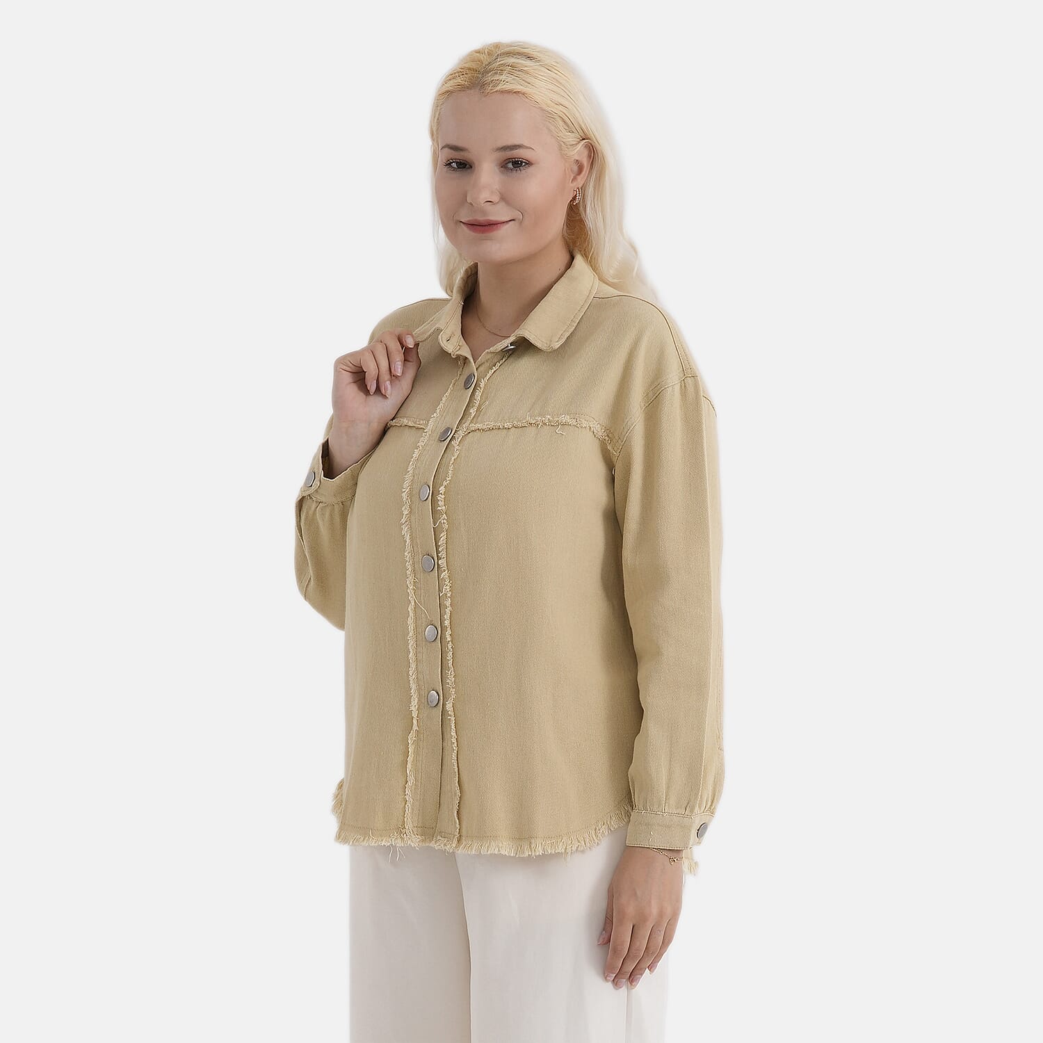 - Maisi 100% Cotton Classic Denim Shirt Jacket With Frayed Edge Detail (Size 14) - Khaki