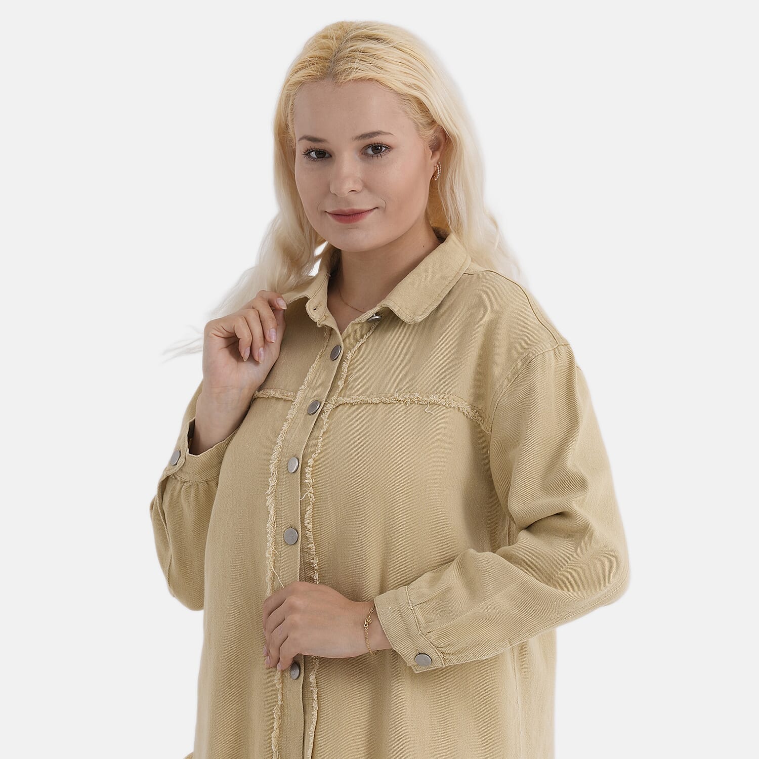 - Maisi 100% Cotton Classic Denim Shirt Jacket With Frayed Edge Detail (Size 14) - Khaki