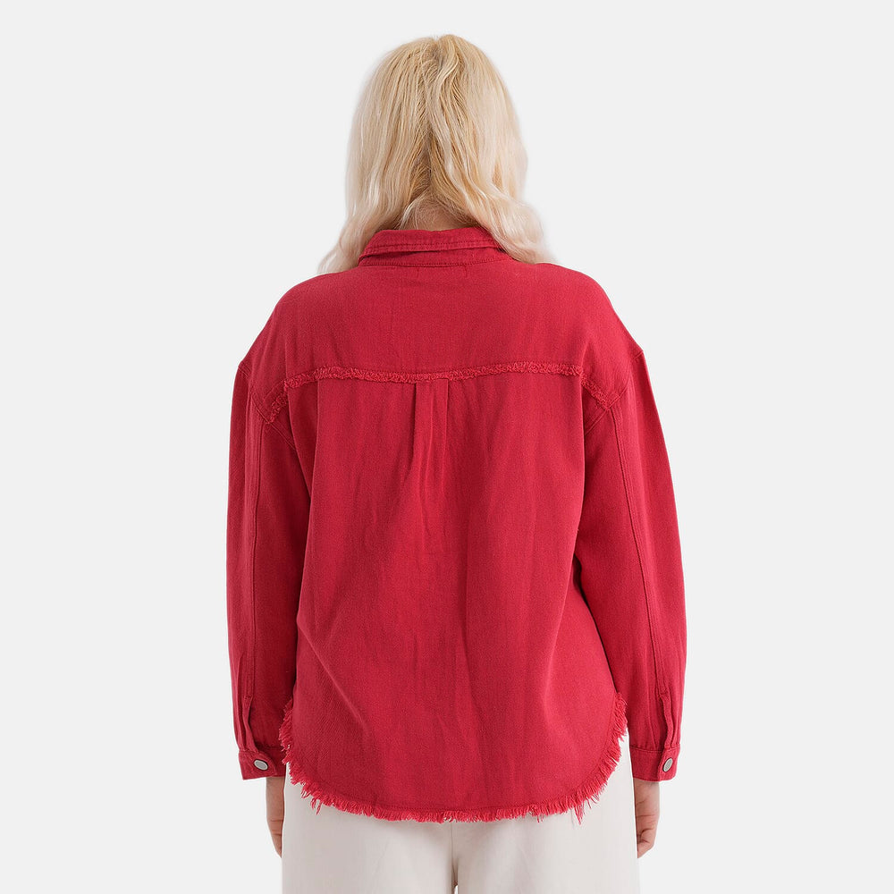 - Maisi 100% Cotton Classic Denim Shirt Jacket With Frayed Edge Detail (Size 14) - Red