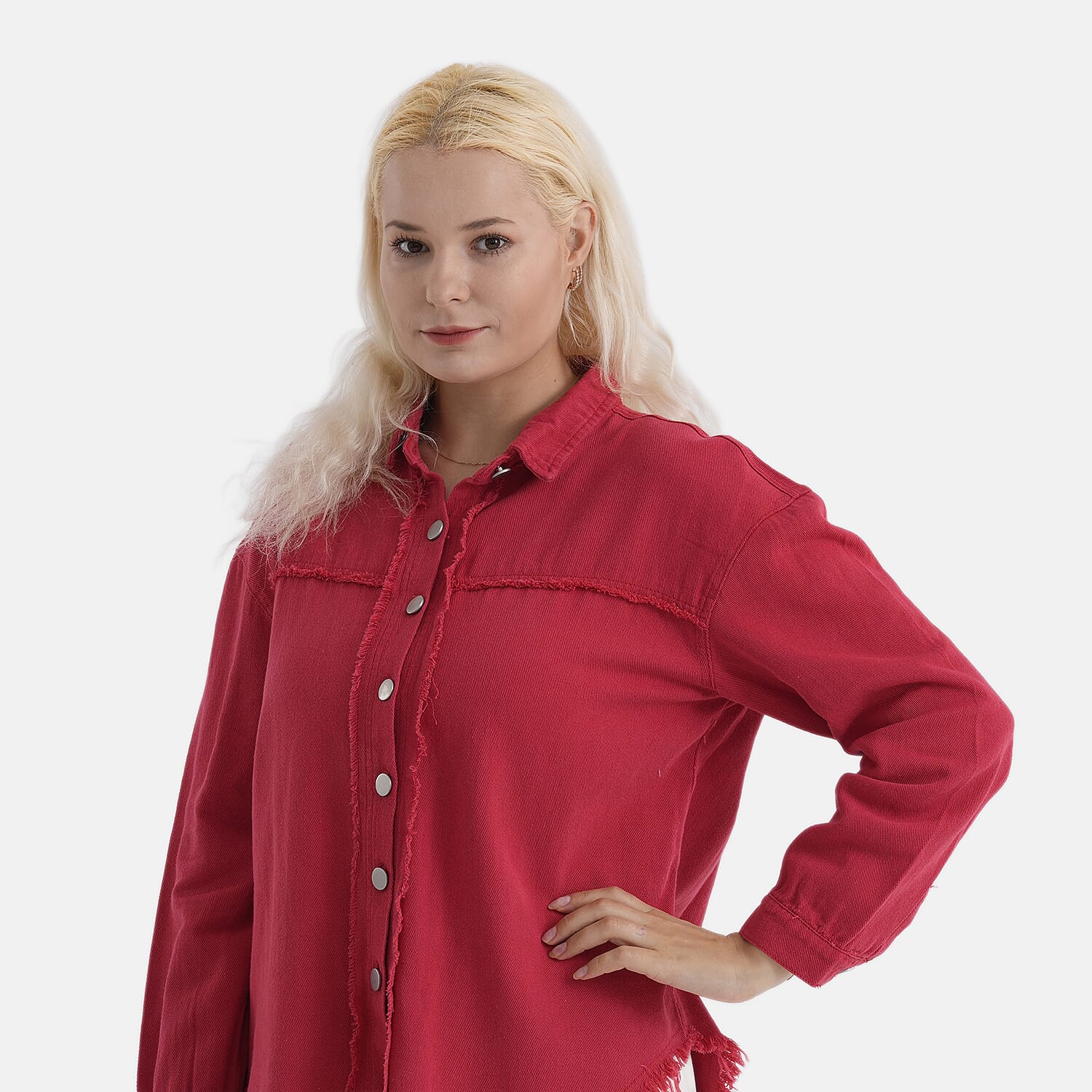 - Maisi 100% Cotton Classic Denim Shirt Jacket With Frayed Edge Detail (Size 14) - Red