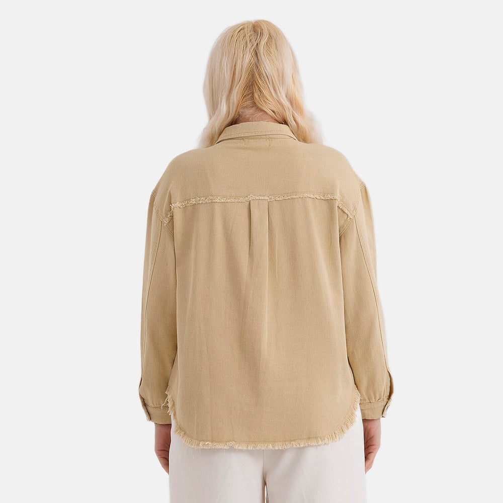 - Maisi 100% Cotton Classic Denim Shirt Jacket With Frayed Edge Detail (Size 16) - Khaki